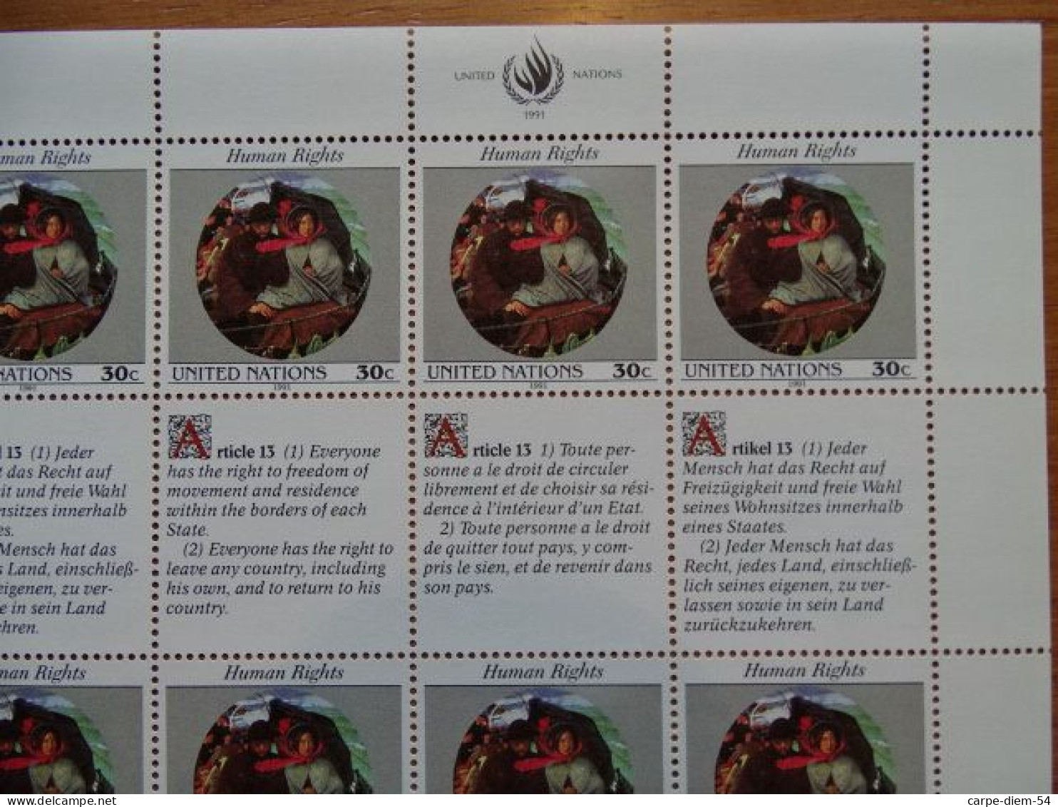 United Nations - Vereinte Nationen - Bloc / Feuillet 12 Timbres - Human Rights - Droits De L'Homme - Article 13 - 1991 - Lots & Serien