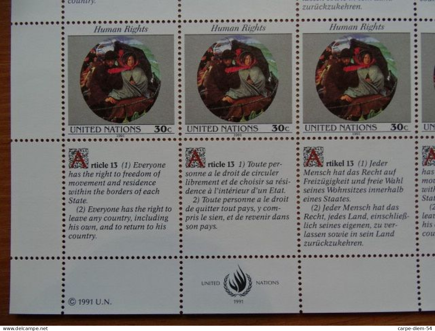 United Nations - Vereinte Nationen - Bloc / Feuillet 12 Timbres - Human Rights - Droits De L'Homme - Article 13 - 1991 - Collezioni & Lotti