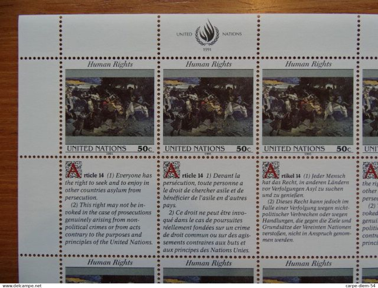 United Nations - Vereinte Nationen - Bloc / Feuillet 12 Timbres - Human Rights - Droits De L'Homme - Article 14 - 1991 - Collections, Lots & Series
