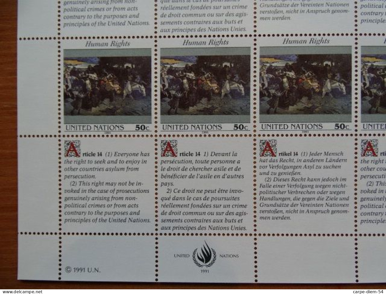 United Nations - Vereinte Nationen - Bloc / Feuillet 12 Timbres - Human Rights - Droits De L'Homme - Article 14 - 1991 - Verzamelingen & Reeksen