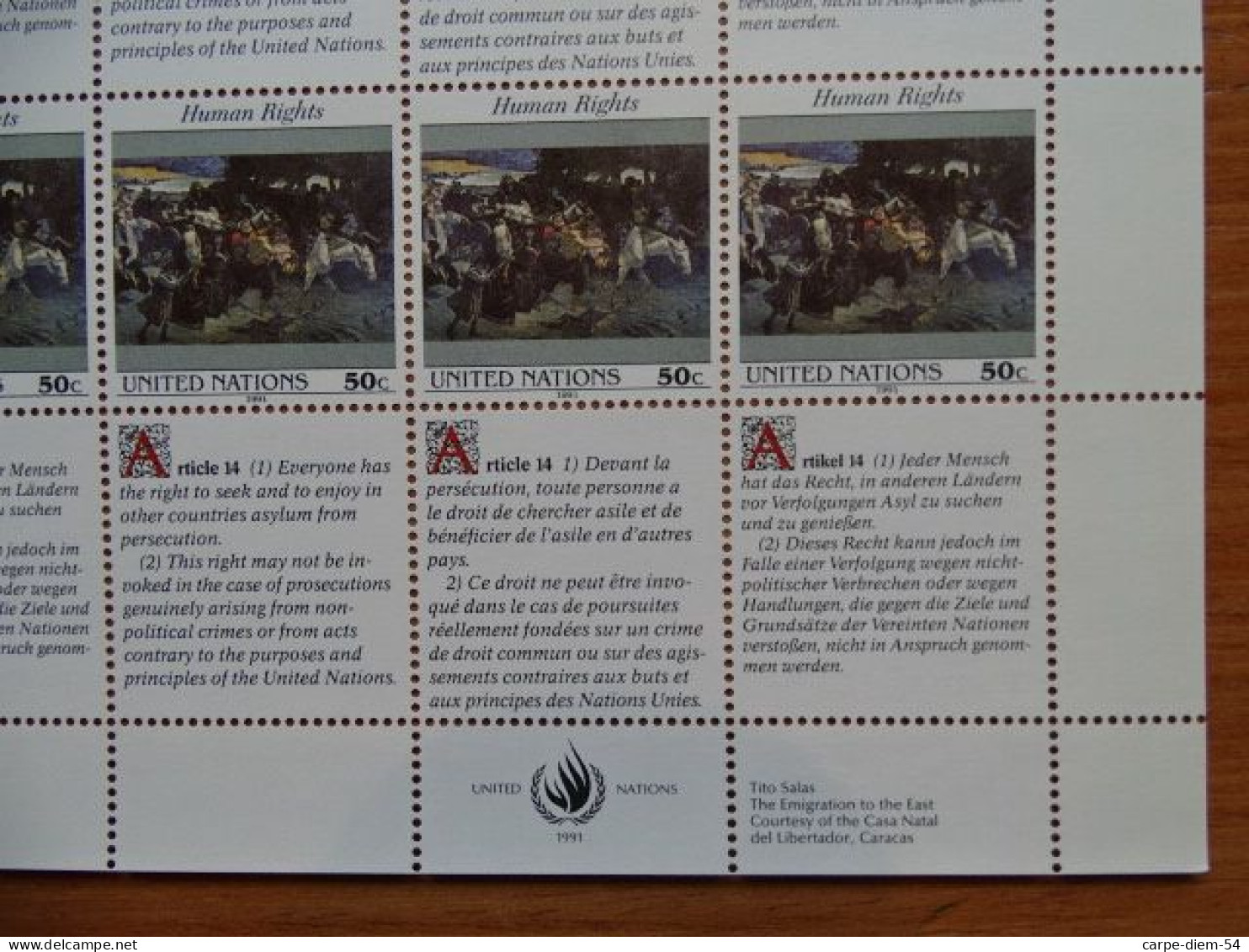 United Nations - Vereinte Nationen - Bloc / Feuillet 12 Timbres - Human Rights - Droits De L'Homme - Article 14 - 1991 - Collections, Lots & Series