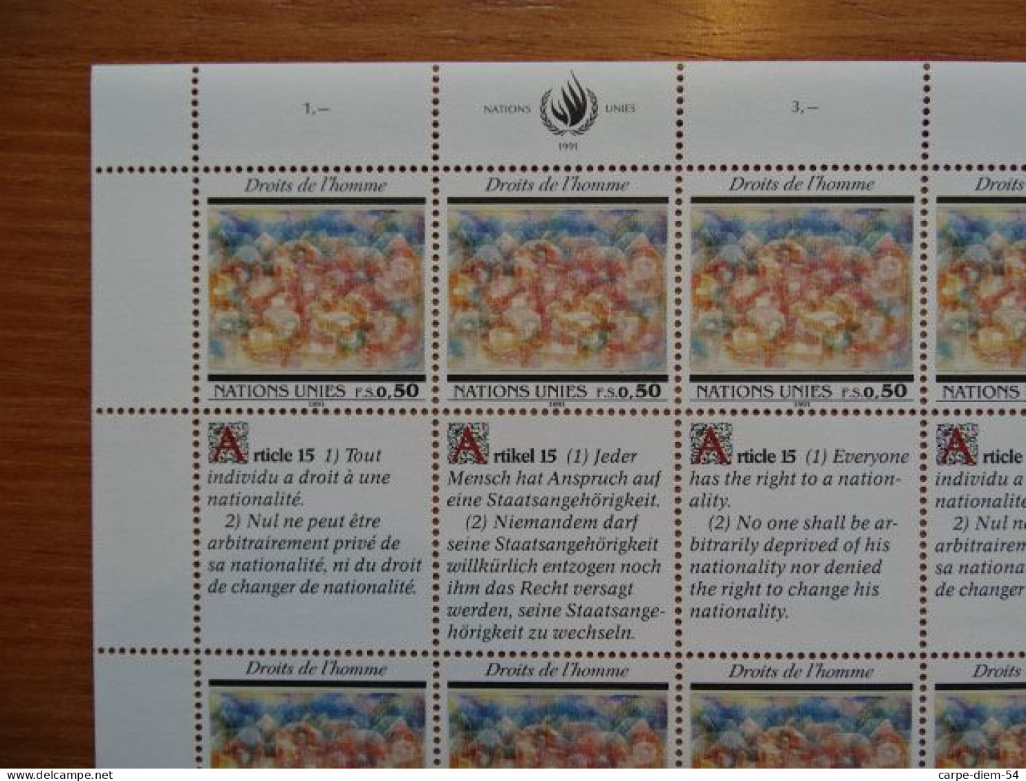 United Nations - Vereinte Nationen - Bloc / Feuillet 12 Timbres - Human Rights - Droits De L'Homme - Article 15 - 1991 - Verzamelingen & Reeksen