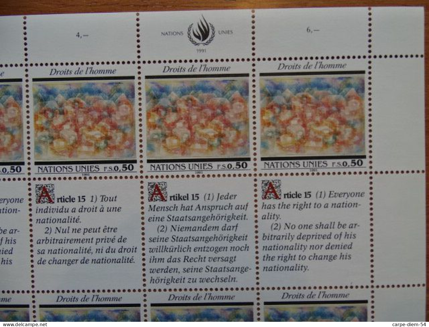 United Nations - Vereinte Nationen - Bloc / Feuillet 12 Timbres - Human Rights - Droits De L'Homme - Article 15 - 1991 - Collections, Lots & Séries