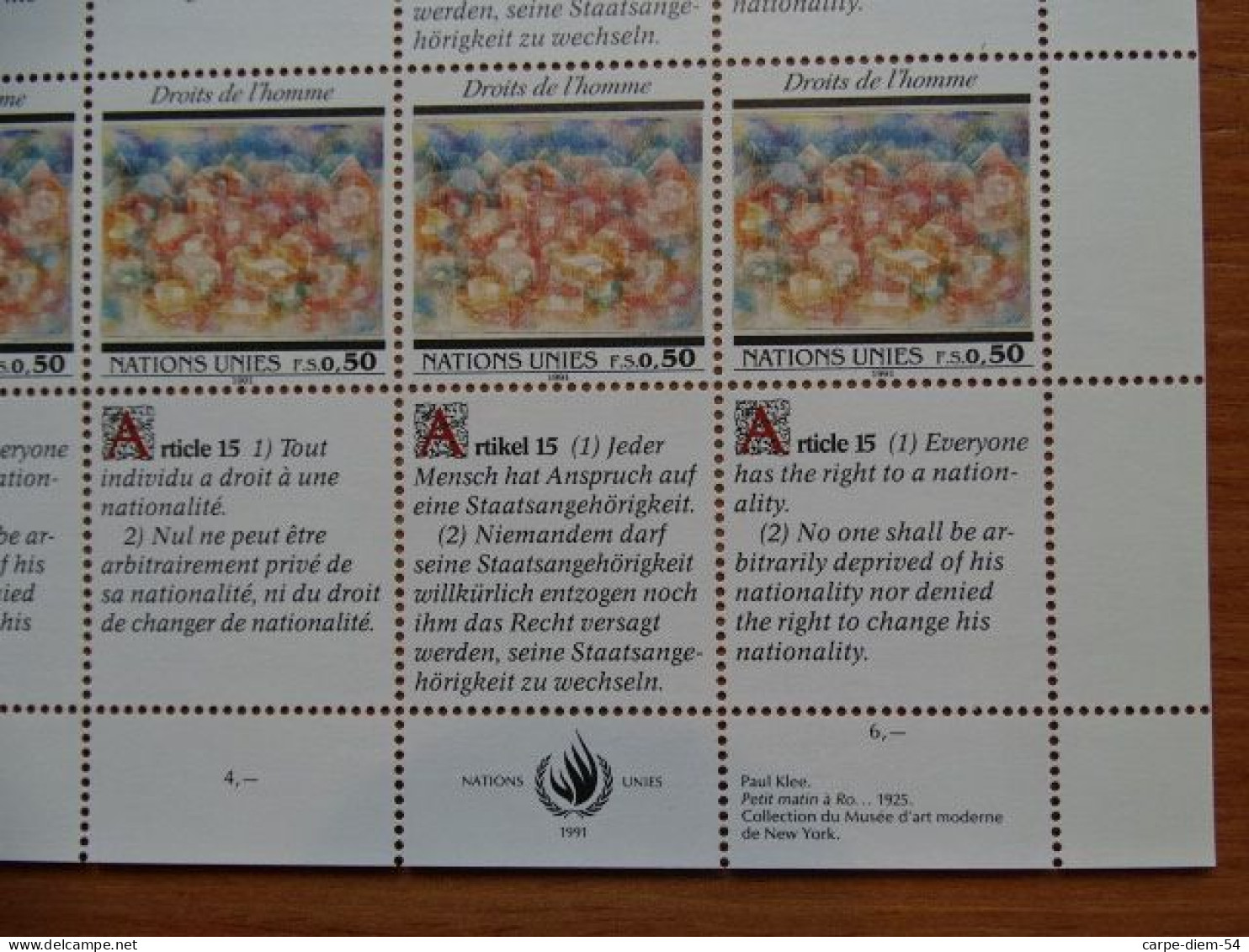 United Nations - Vereinte Nationen - Bloc / Feuillet 12 Timbres - Human Rights - Droits De L'Homme - Article 15 - 1991 - Collections, Lots & Series