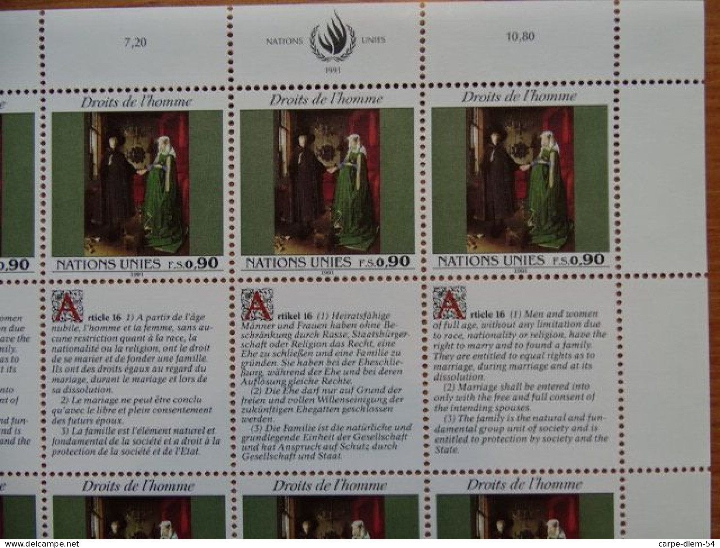 United Nations - Vereinte Nationen - Bloc / Feuillet 12 Timbres - Human Rights - Droits De L'Homme - Article 16 - 1991 - Colecciones & Series