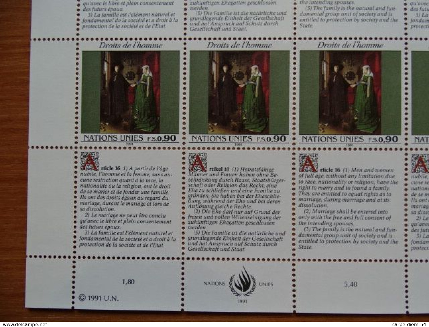 United Nations - Vereinte Nationen - Bloc / Feuillet 12 Timbres - Human Rights - Droits De L'Homme - Article 16 - 1991 - Lots & Serien