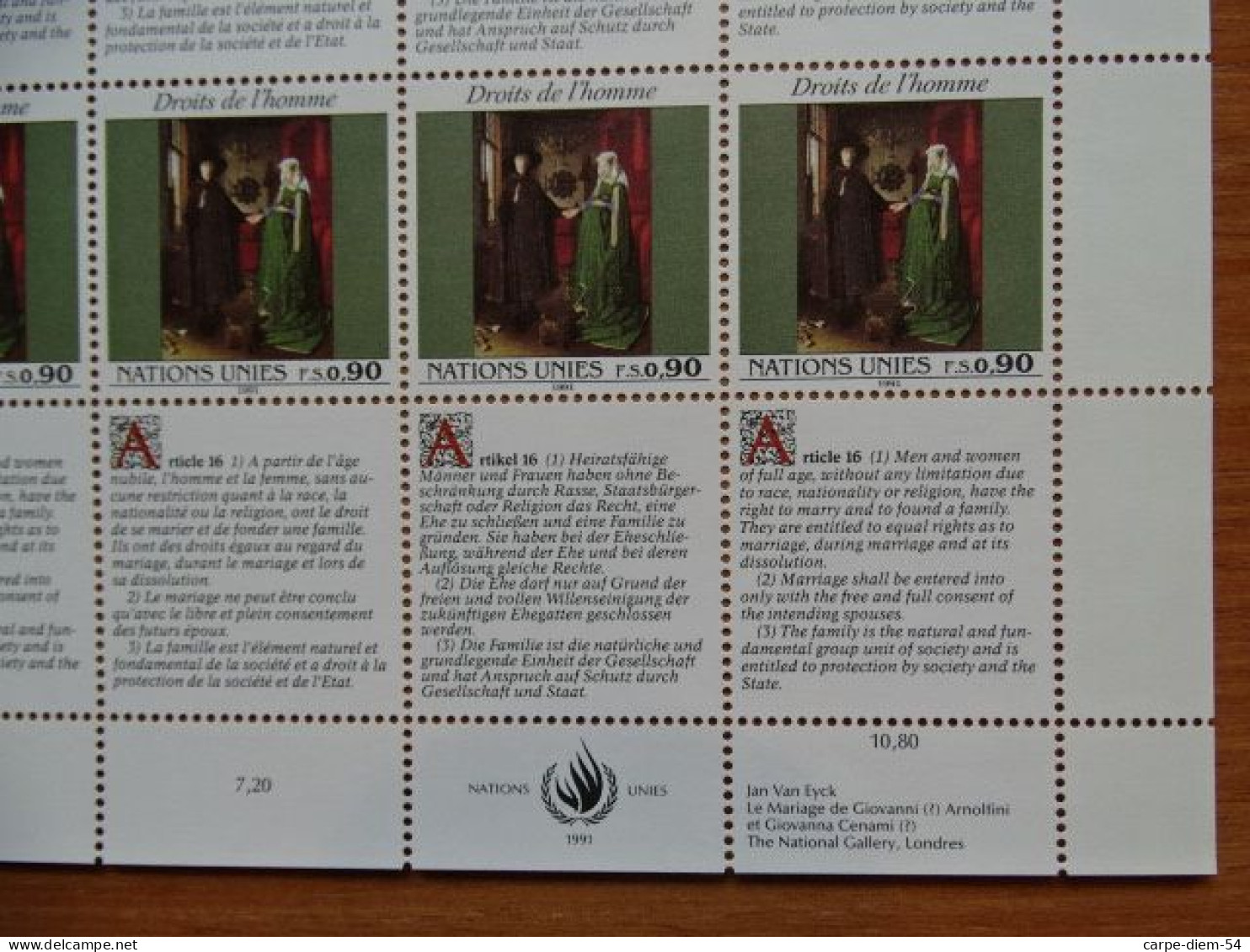 United Nations - Vereinte Nationen - Bloc / Feuillet 12 Timbres - Human Rights - Droits De L'Homme - Article 16 - 1991 - Lots & Serien