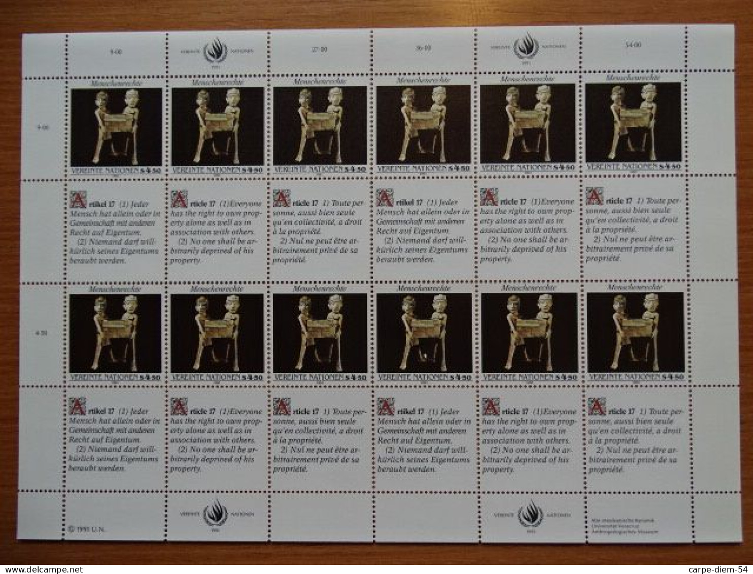 United Nations - Vereinte Nationen - Bloc / Feuillet 12 Timbres - Human Rights - Droits De L'Homme - Article 17 - 1991 - Lots & Serien