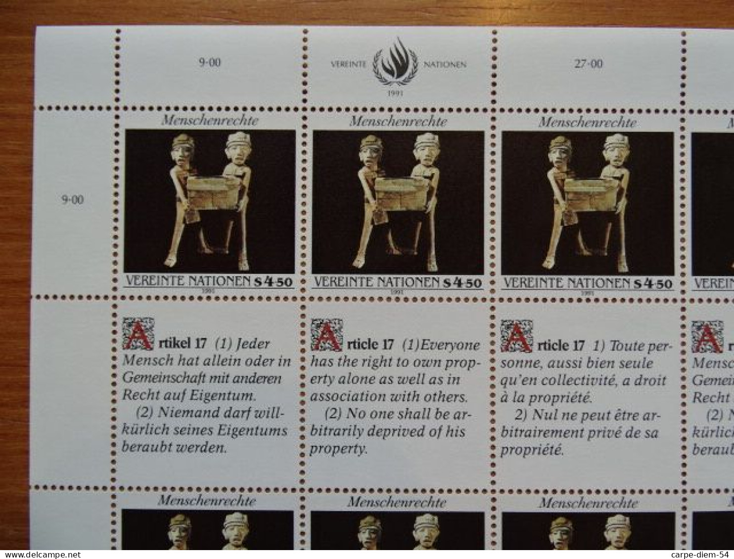 United Nations - Vereinte Nationen - Bloc / Feuillet 12 Timbres - Human Rights - Droits De L'Homme - Article 17 - 1991 - Lots & Serien