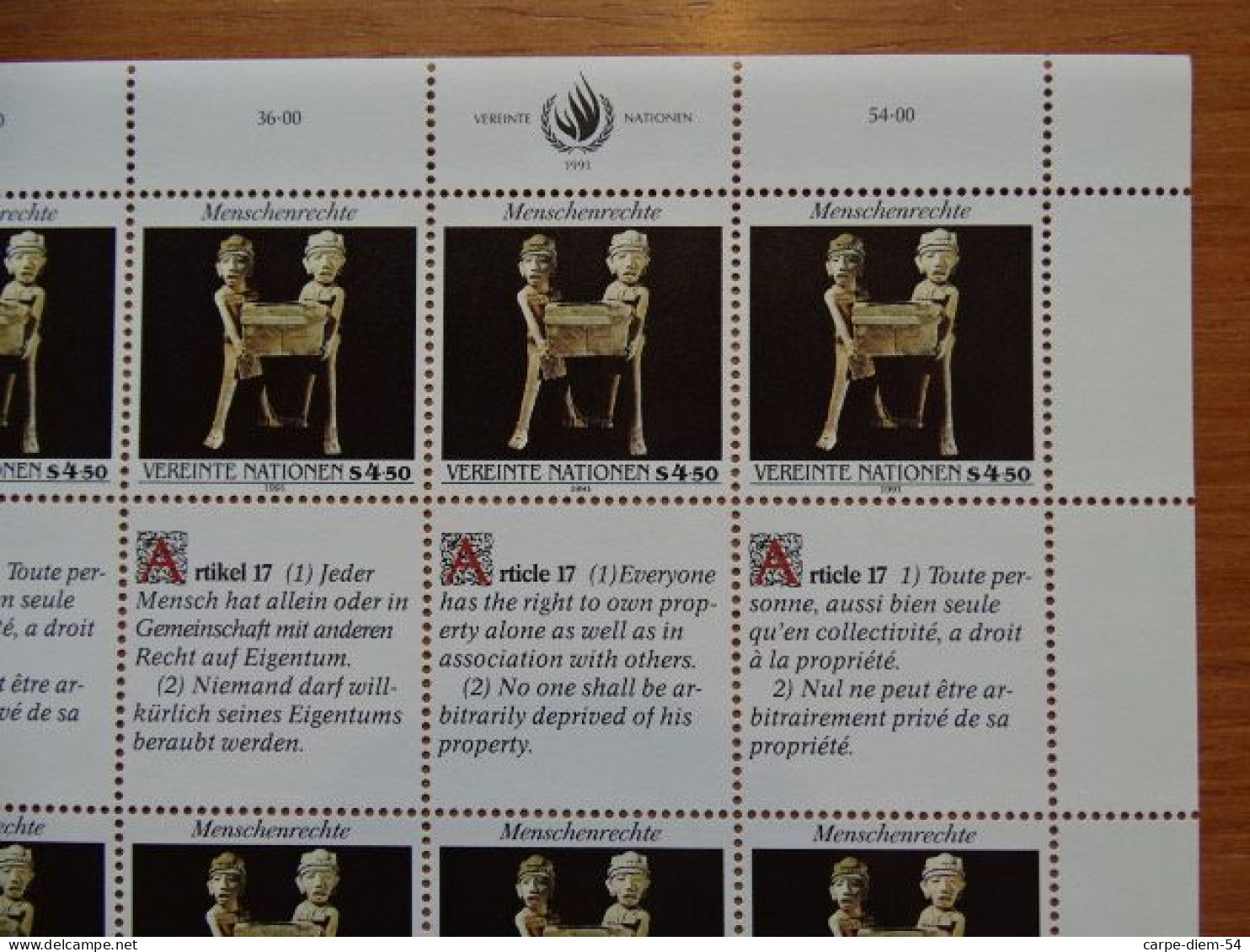 United Nations - Vereinte Nationen - Bloc / Feuillet 12 Timbres - Human Rights - Droits De L'Homme - Article 17 - 1991 - Lots & Serien