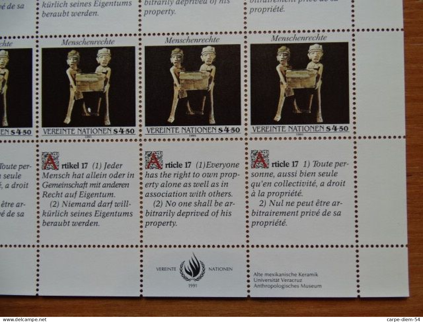 United Nations - Vereinte Nationen - Bloc / Feuillet 12 Timbres - Human Rights - Droits De L'Homme - Article 17 - 1991 - Colecciones & Series