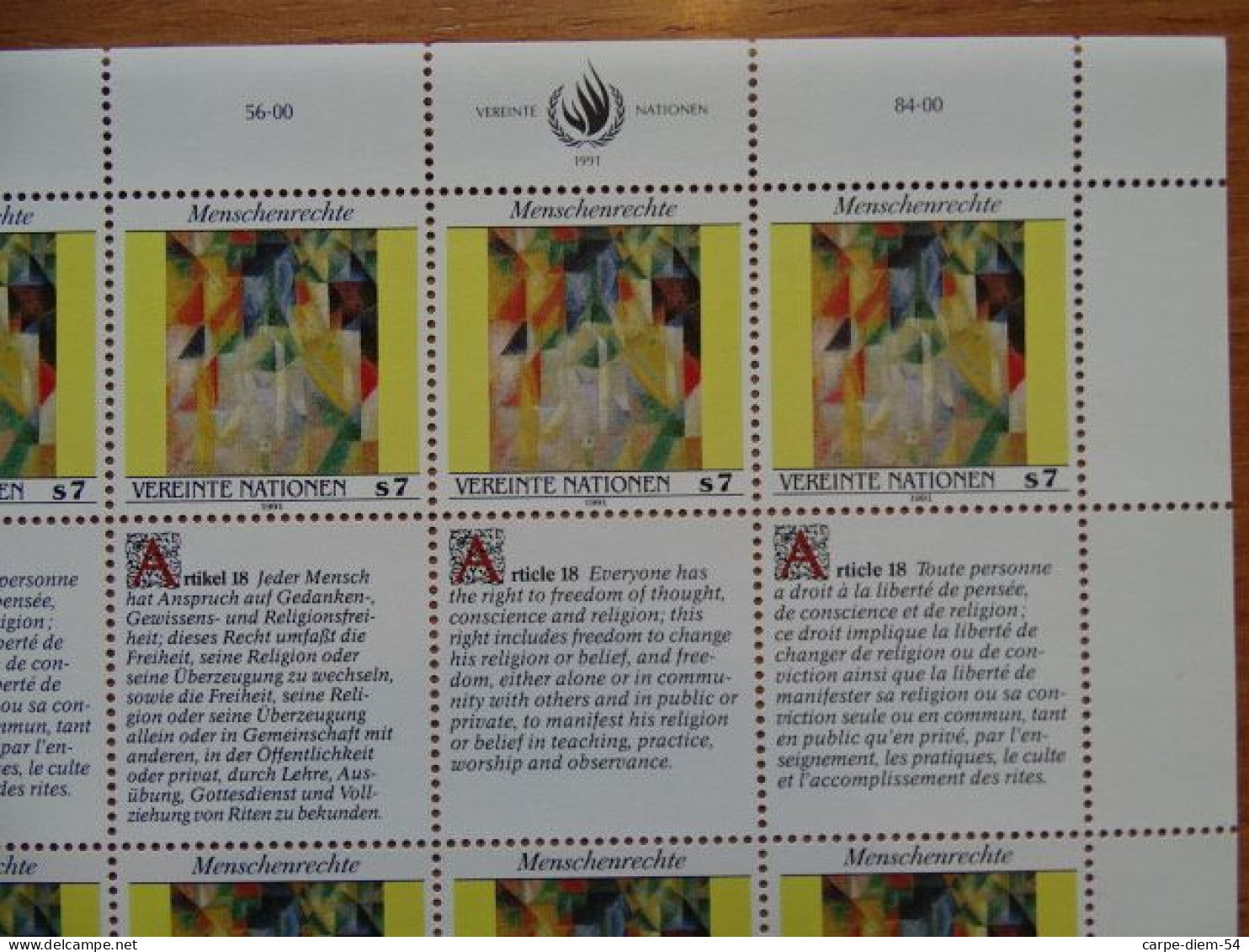 United Nations - Vereinte Nationen - Bloc / Feuillet 12 Timbres - Human Rights - Droits De L'Homme - Article 18 - 1991 - Collezioni & Lotti