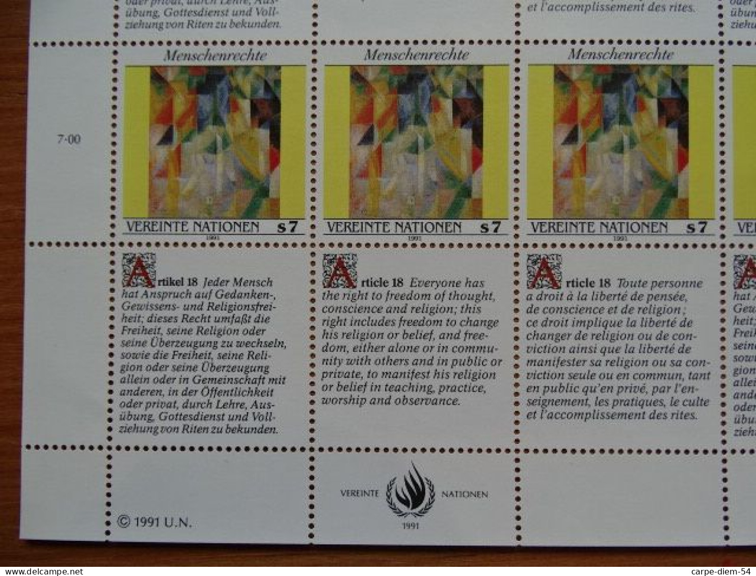 United Nations - Vereinte Nationen - Bloc / Feuillet 12 Timbres - Human Rights - Droits De L'Homme - Article 18 - 1991 - Collezioni & Lotti