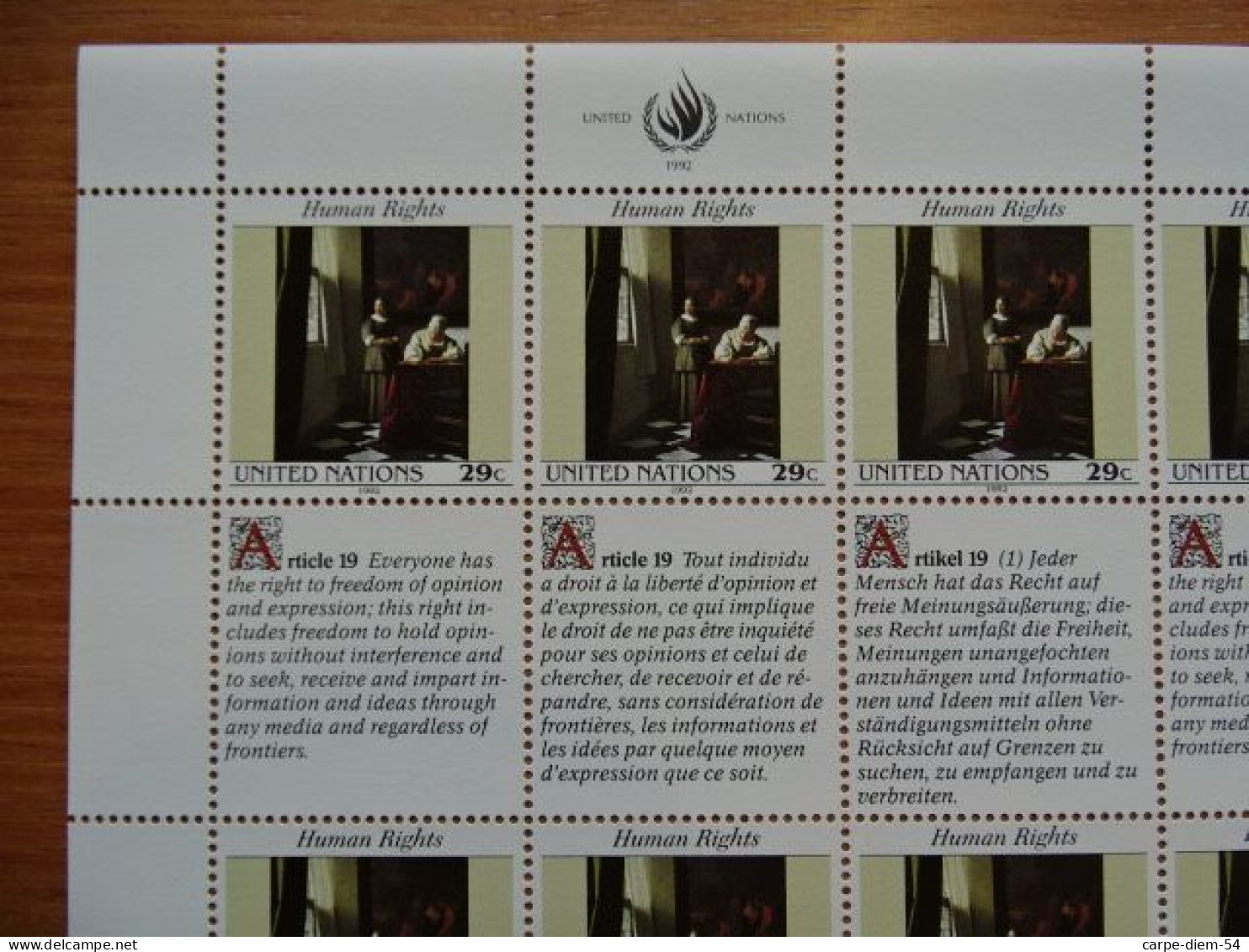 United Nations - Vereinte Nationen - Bloc / Feuillet 12 Timbres - Human Rights - Droits De L'Homme - Article 19 - 1992 - Collections, Lots & Séries