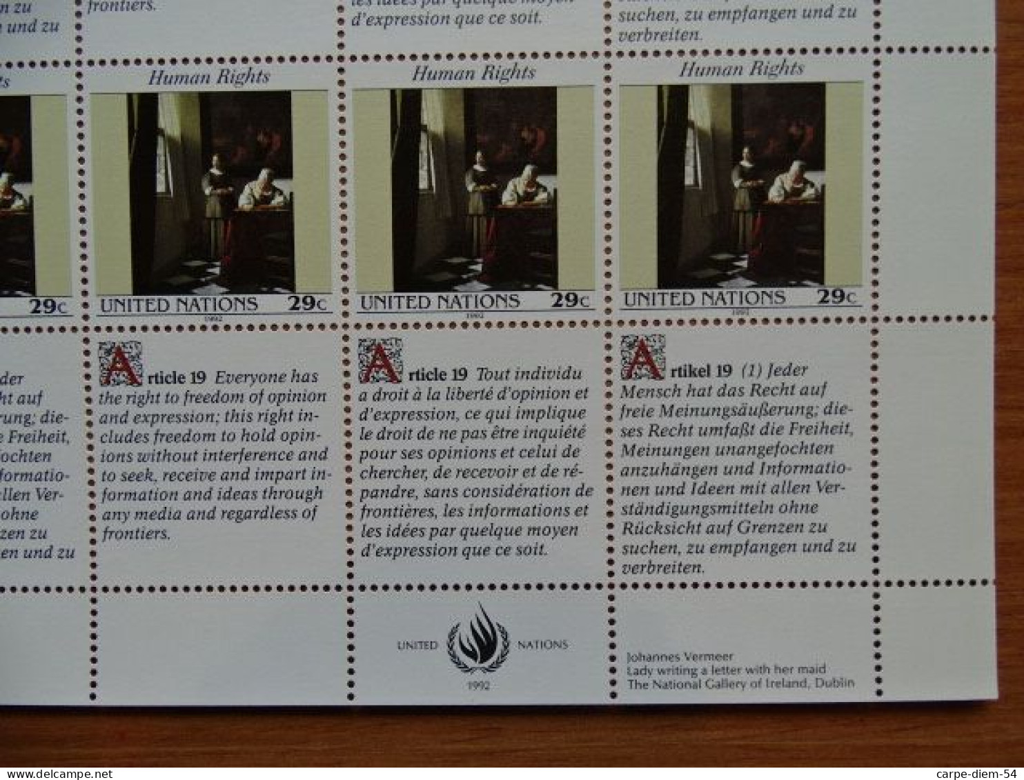 United Nations - Vereinte Nationen - Bloc / Feuillet 12 Timbres - Human Rights - Droits De L'Homme - Article 19 - 1992 - Collections, Lots & Series