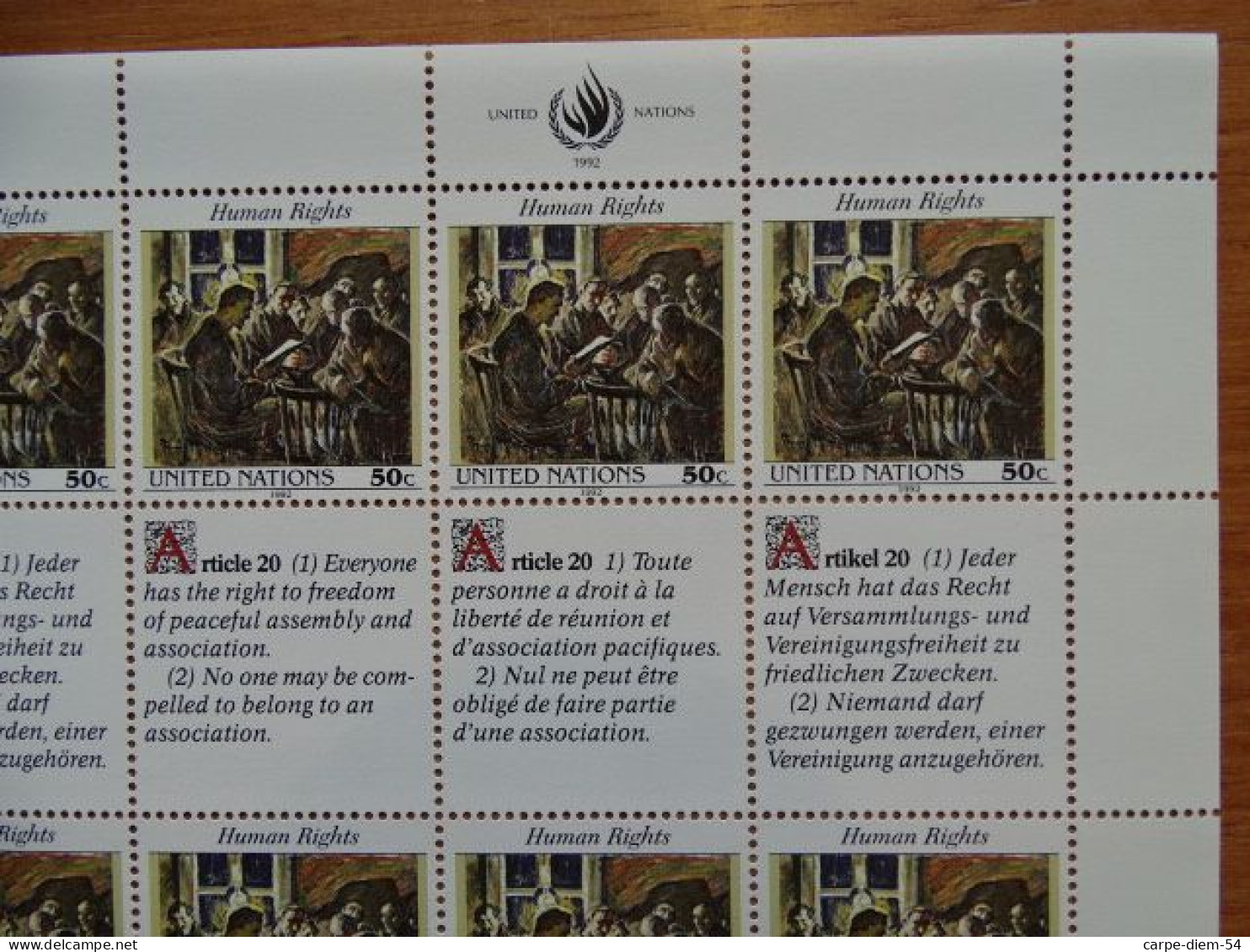 United Nations - Vereinte Nationen - Bloc / Feuillet 12 Timbres - Human Rights - Droits De L'Homme - Article 20 - 1992 - Collections, Lots & Series