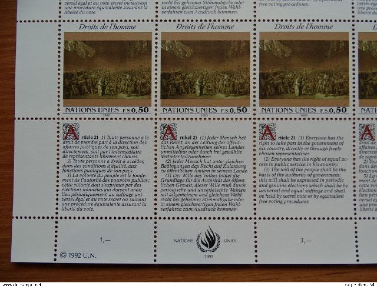 United Nations - Vereinte Nationen - Bloc / Feuillet 12 Timbres - Human Rights - Droits De L'Homme - Article 21 - 1992 - Collections, Lots & Series