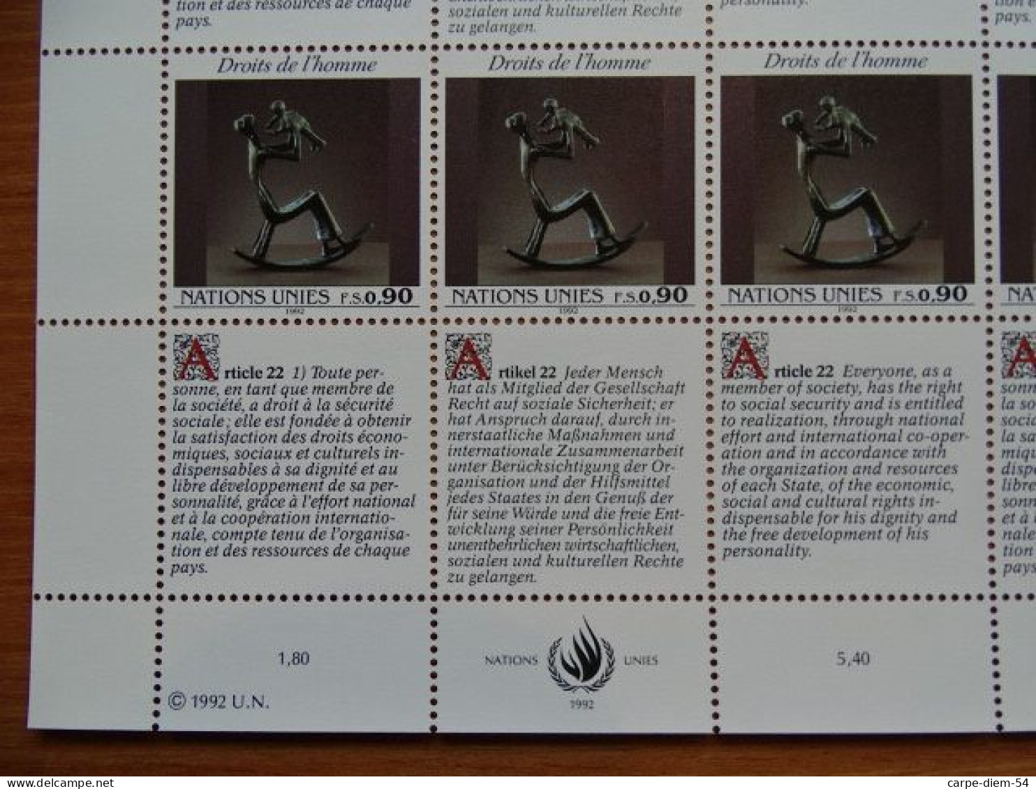 United Nations - Vereinte Nationen - Bloc / Feuillet 12 Timbres - Human Rights - Droits De L'Homme - Article 22 - 1992 - Collections, Lots & Séries