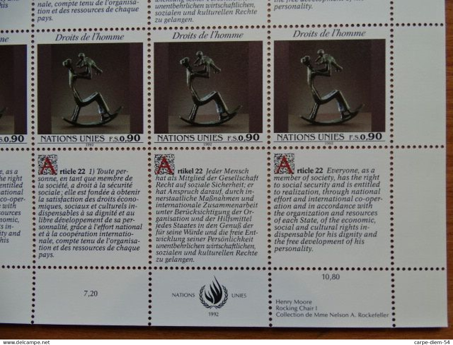 United Nations - Vereinte Nationen - Bloc / Feuillet 12 Timbres - Human Rights - Droits De L'Homme - Article 22 - 1992 - Collections, Lots & Series