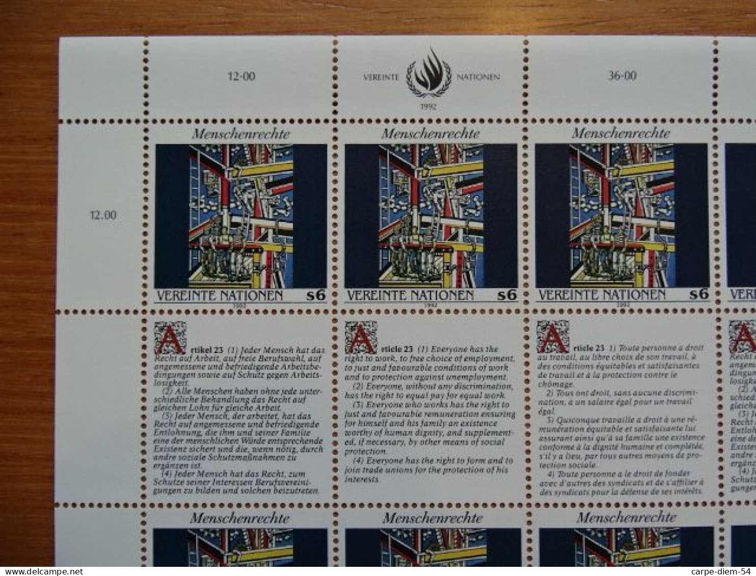 United Nations - Vereinte Nationen - Bloc / Feuillet 12 Timbres - Human Rights - Droits De L'Homme - Article 23 - 1992 - Colecciones & Series