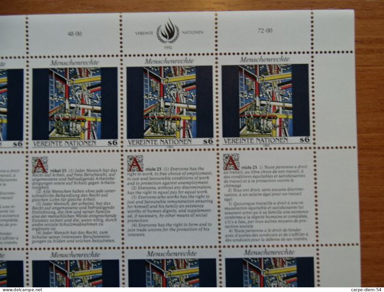 United Nations - Vereinte Nationen - Bloc / Feuillet 12 Timbres - Human Rights - Droits De L'Homme - Article 23 - 1992 - Lots & Serien