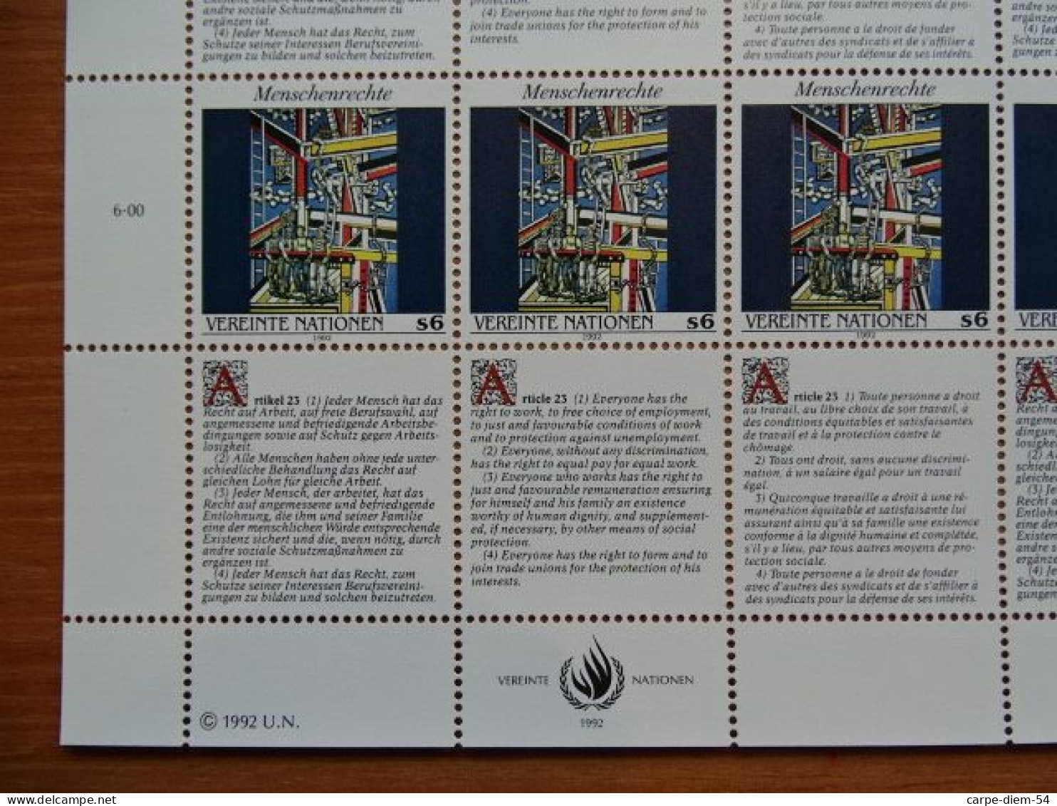 United Nations - Vereinte Nationen - Bloc / Feuillet 12 Timbres - Human Rights - Droits De L'Homme - Article 23 - 1992 - Colecciones & Series