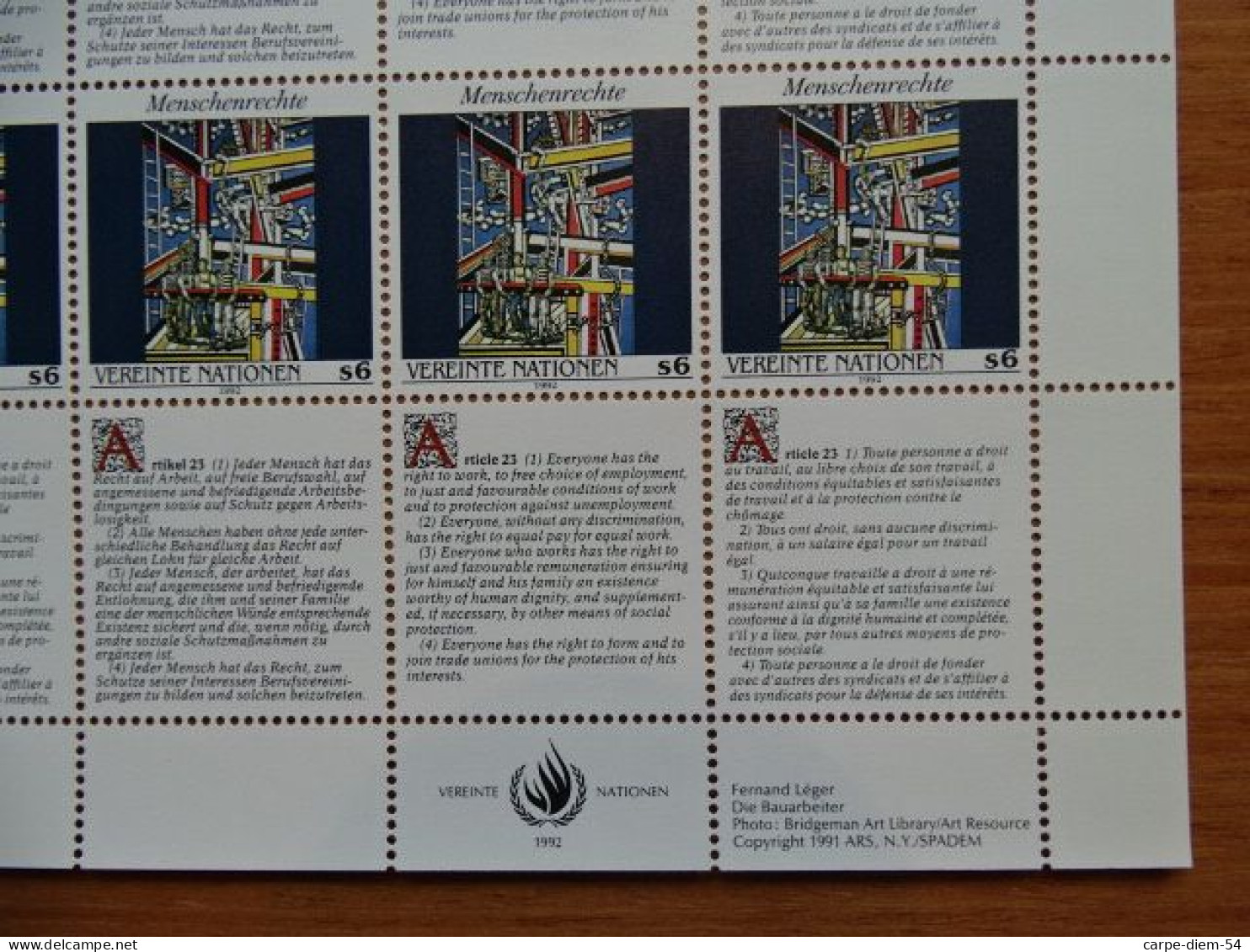 United Nations - Vereinte Nationen - Bloc / Feuillet 12 Timbres - Human Rights - Droits De L'Homme - Article 23 - 1992 - Lots & Serien