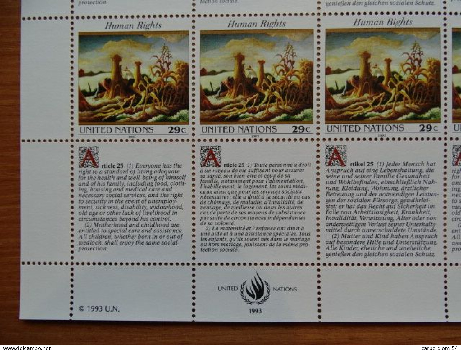 United Nations - Vereinte Nationen - Bloc / Feuillet 12 Timbres - Human Rights - Droits De L'Homme - Article 25 - 1993 - Colecciones & Series