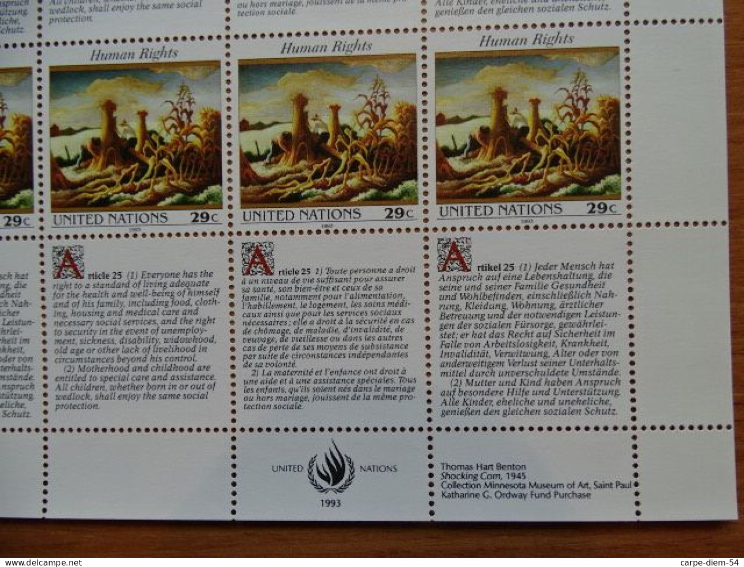 United Nations - Vereinte Nationen - Bloc / Feuillet 12 Timbres - Human Rights - Droits De L'Homme - Article 25 - 1993 - Verzamelingen & Reeksen