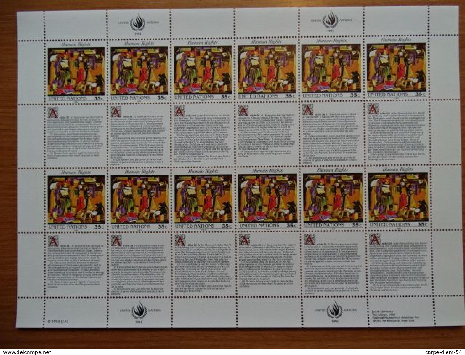 United Nations - Vereinte Nationen - Bloc / Feuillet 12 Timbres - Human Rights - Droits De L'Homme - Article 26 - 1993 - Lots & Serien