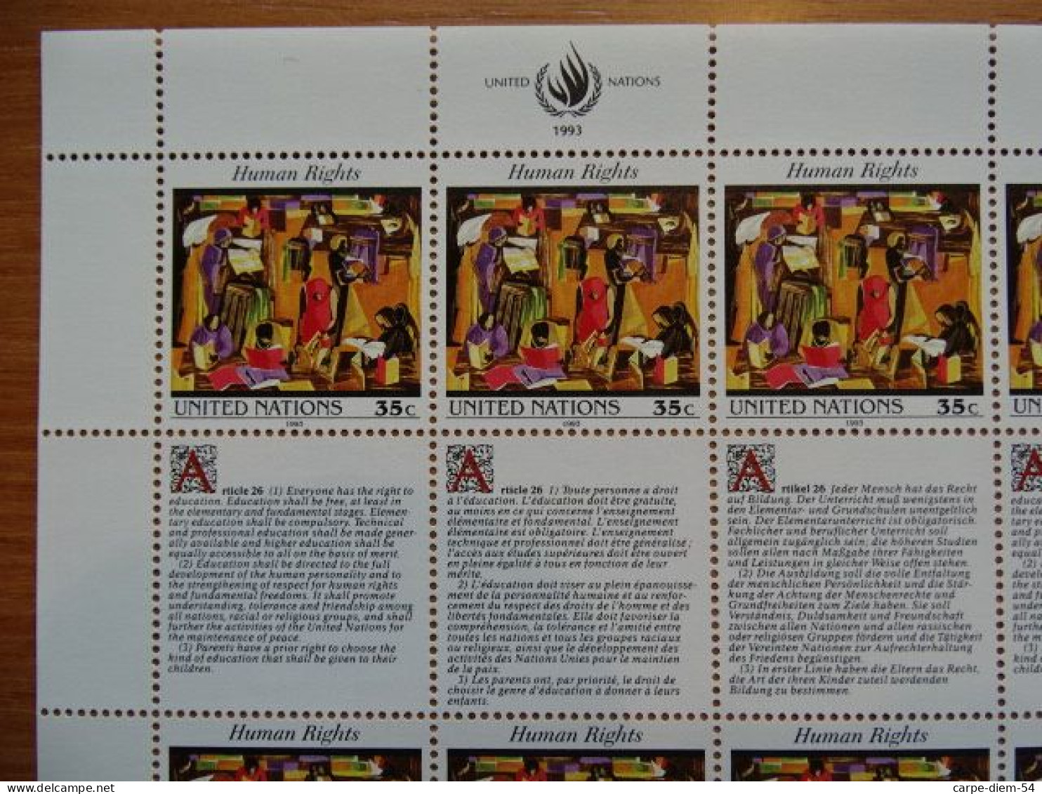 United Nations - Vereinte Nationen - Bloc / Feuillet 12 Timbres - Human Rights - Droits De L'Homme - Article 26 - 1993 - Collezioni & Lotti