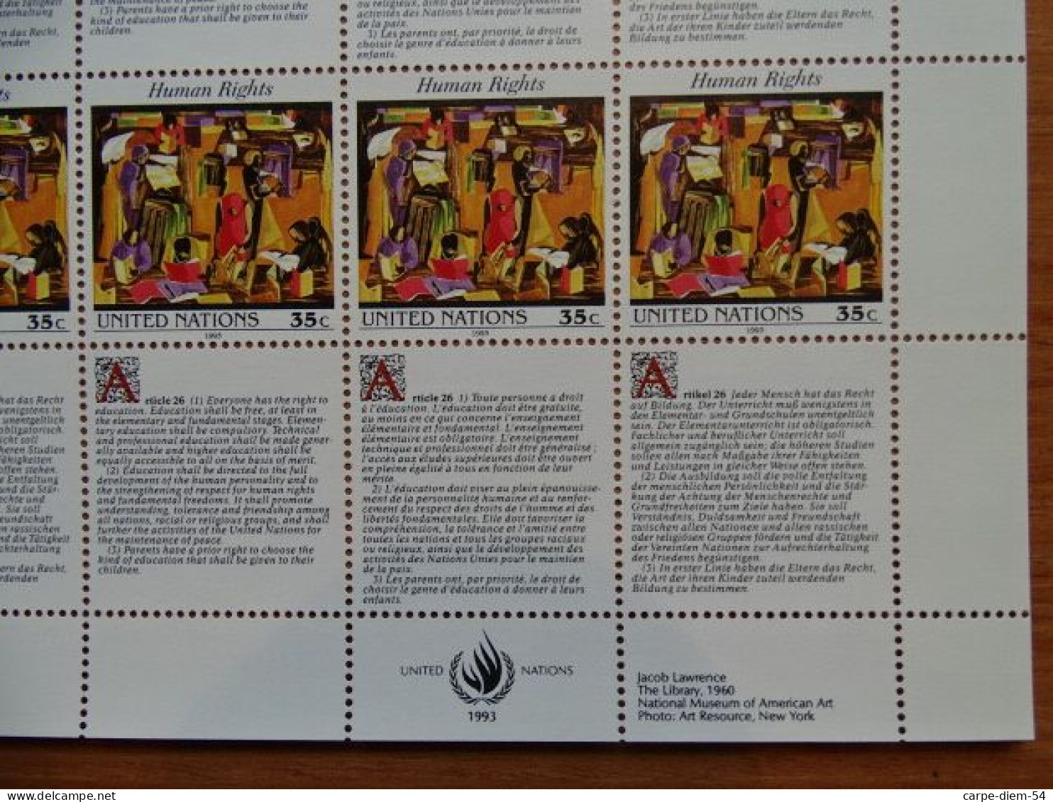 United Nations - Vereinte Nationen - Bloc / Feuillet 12 Timbres - Human Rights - Droits De L'Homme - Article 26 - 1993 - Collections, Lots & Series