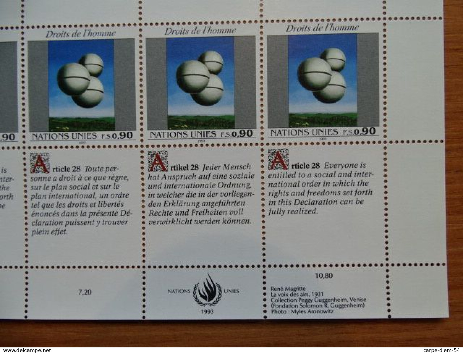 United Nations - Vereinte Nationen - Bloc / Feuillet 12 Timbres - Human Rights - Droits De L'Homme - Article 28 - 1993 - Colecciones & Series