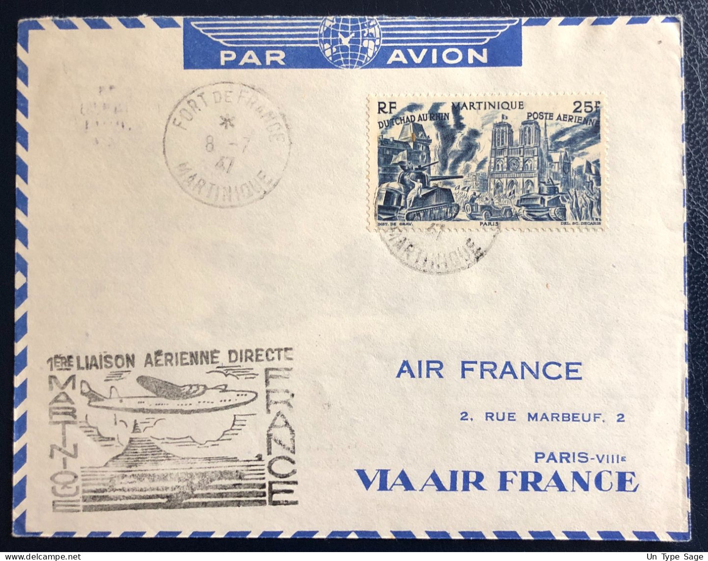 France Divers Sur Enveloppe - 1ere Liaison Aérienne Directe MARTINIQUE FRANCE 8.7.1947 - (B1749) - 1927-1959 Covers & Documents