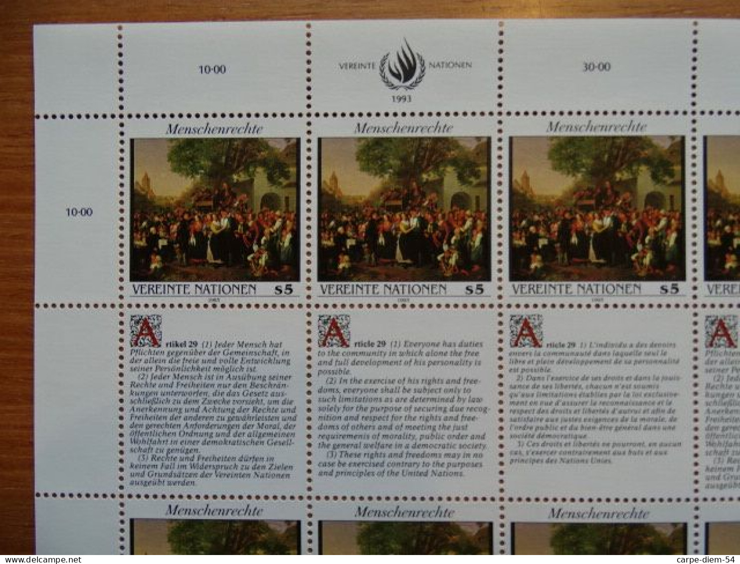 United Nations - Vereinte Nationen - Bloc / Feuillet 12 Timbres - Human Rights - Droits De L'Homme - Article 29 - 1993 - Verzamelingen & Reeksen