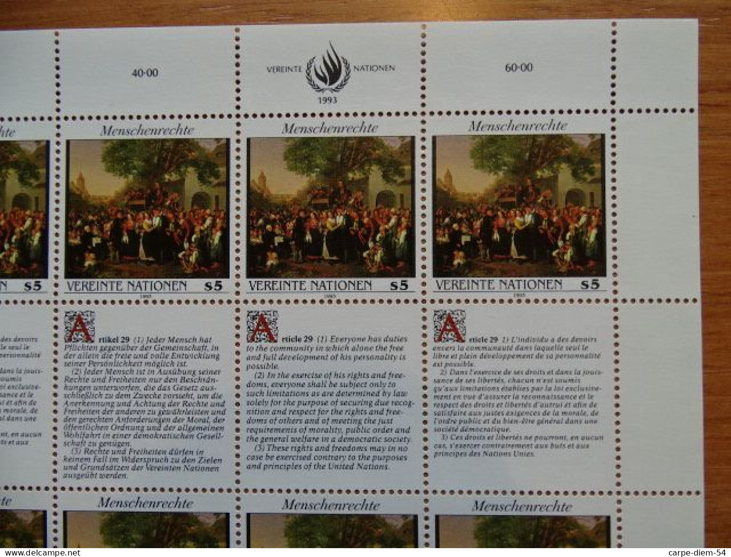 United Nations - Vereinte Nationen - Bloc / Feuillet 12 Timbres - Human Rights - Droits De L'Homme - Article 29 - 1993 - Collezioni & Lotti