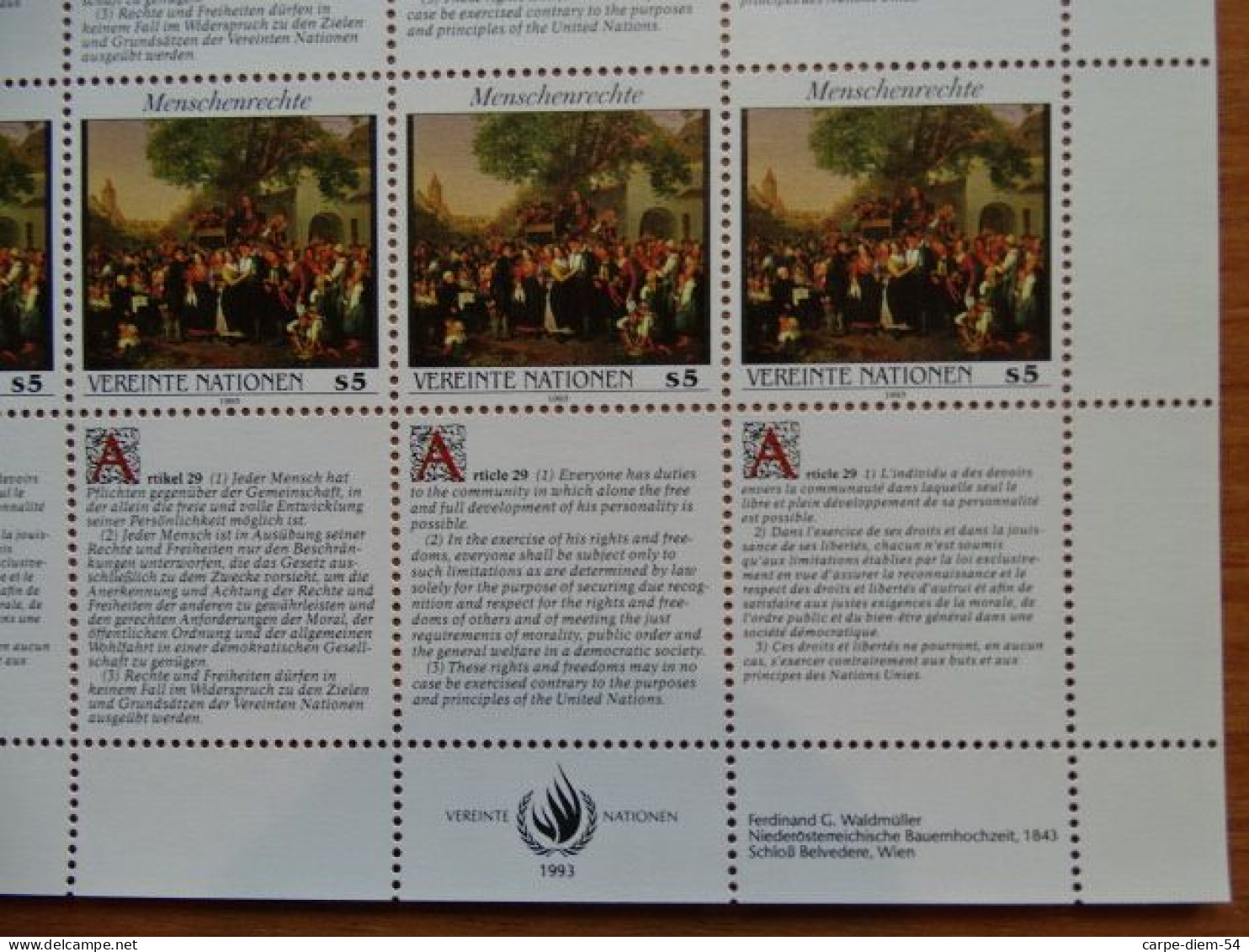 United Nations - Vereinte Nationen - Bloc / Feuillet 12 Timbres - Human Rights - Droits De L'Homme - Article 29 - 1993 - Verzamelingen & Reeksen