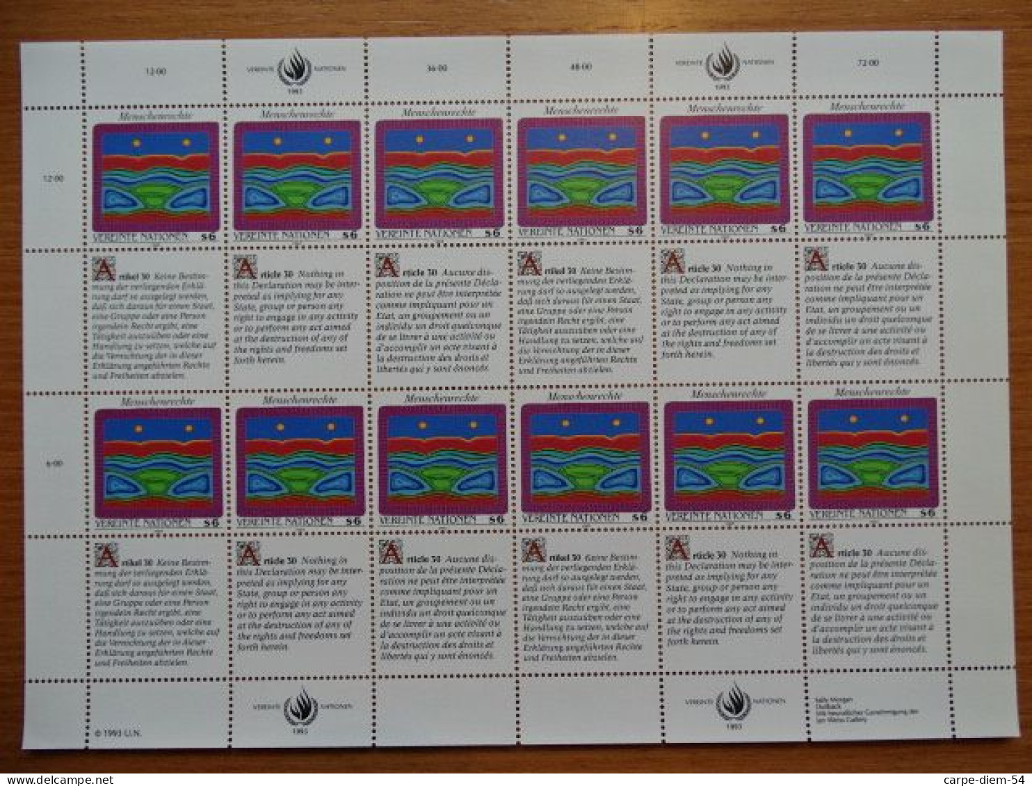 United Nations - Vereinte Nationen - Bloc / Feuillet 12 Timbres - Human Rights - Droits De L'Homme - Article 30 - 1993 - Lots & Serien