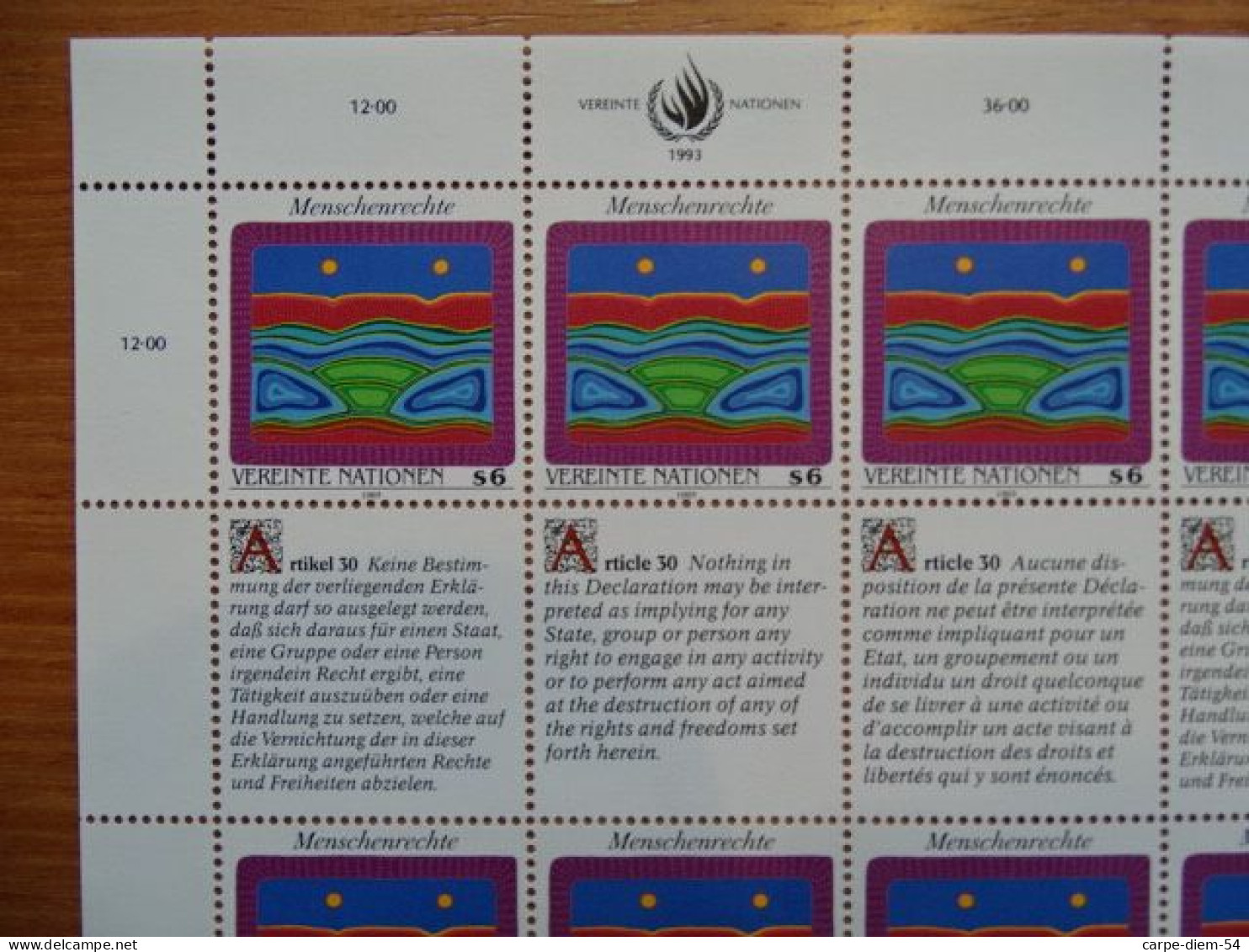 United Nations - Vereinte Nationen - Bloc / Feuillet 12 Timbres - Human Rights - Droits De L'Homme - Article 30 - 1993 - Collections, Lots & Series