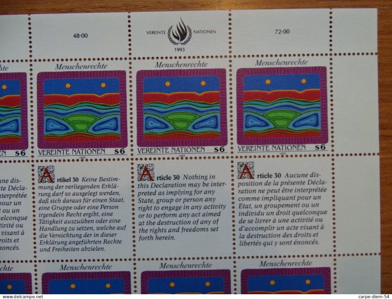United Nations - Vereinte Nationen - Bloc / Feuillet 12 Timbres - Human Rights - Droits De L'Homme - Article 30 - 1993 - Collections, Lots & Series
