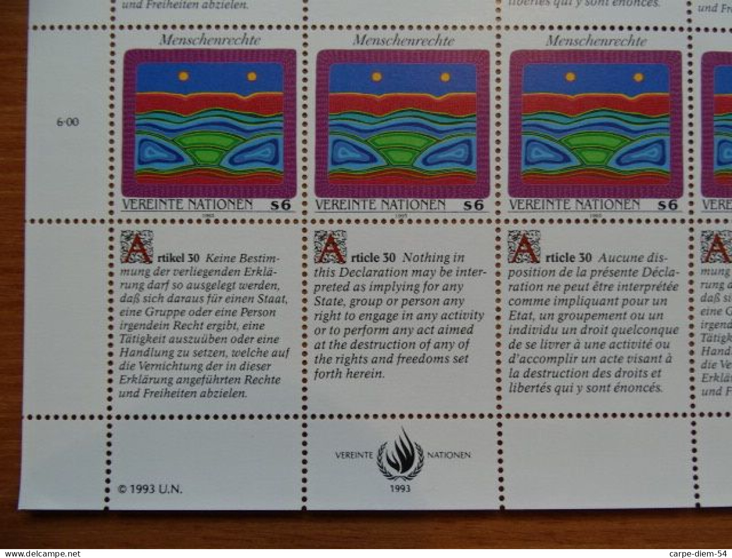 United Nations - Vereinte Nationen - Bloc / Feuillet 12 Timbres - Human Rights - Droits De L'Homme - Article 30 - 1993 - Lots & Serien