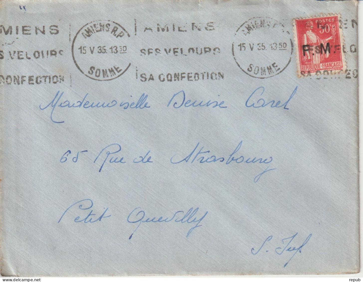 Lettre En Franchise FM 7 Oblitération 1935 Amiens - Militaire Zegels