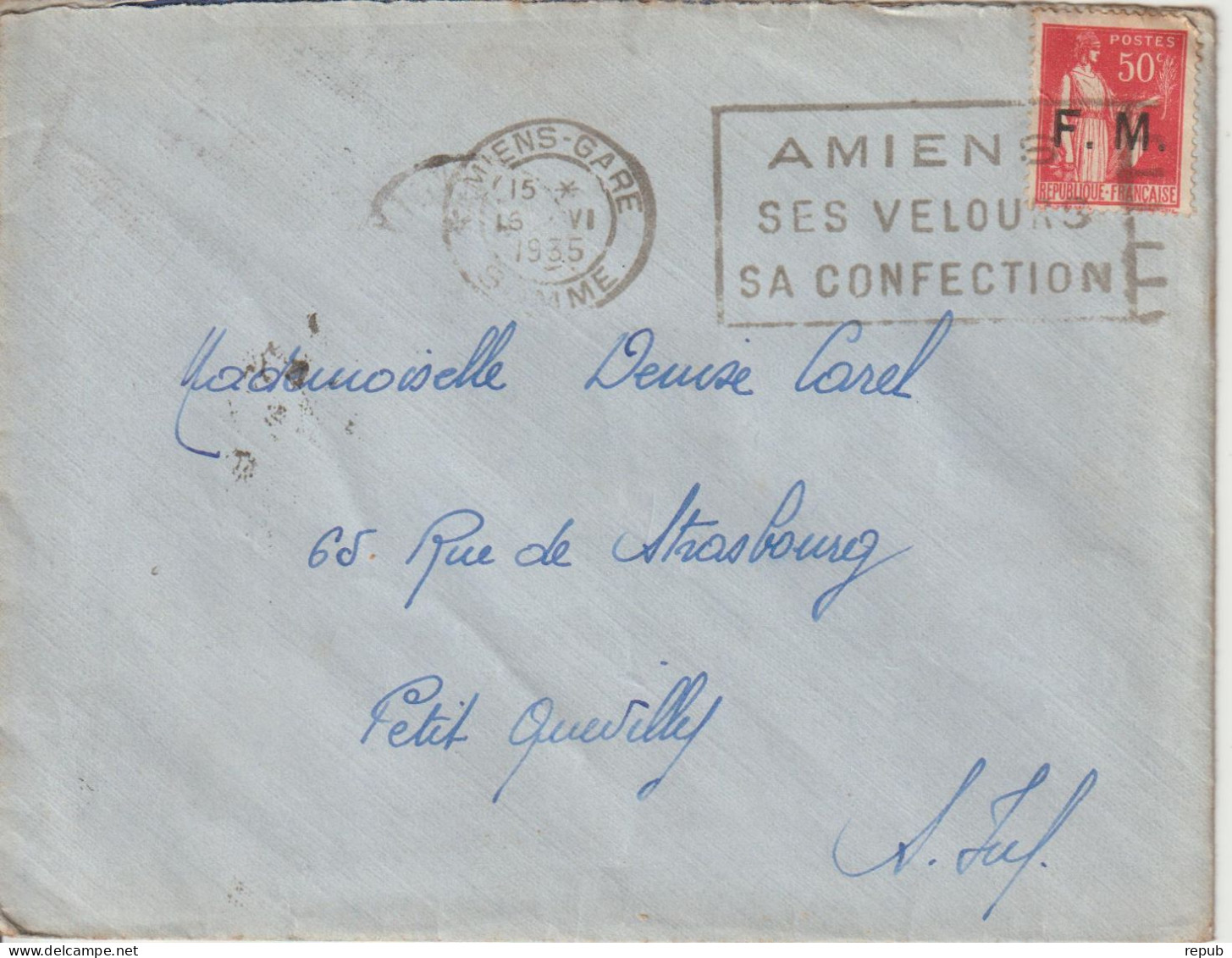 Lettre En Franchise FM 7 Oblitération 1935 Amiens - Timbres De Franchise Militaire