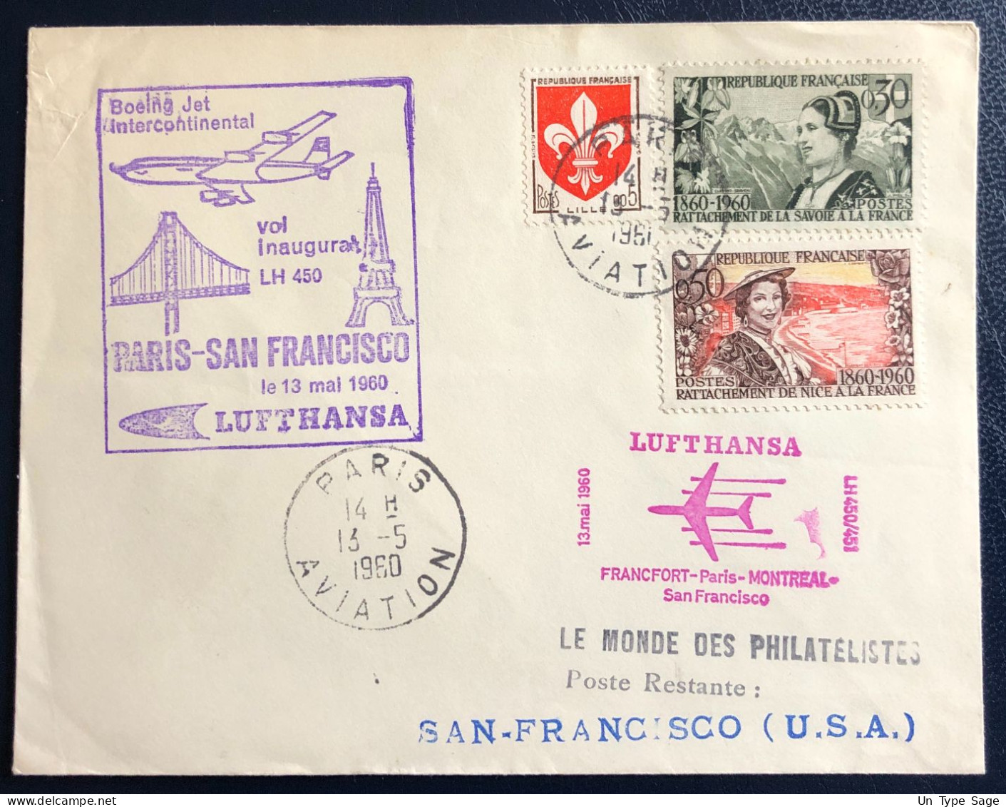 France Divers Sur Enveloppe - LUFTHANSA - Vol Inaugural PARIS SAN FRANCISCO 13.5.1960 - (B1766) - 1960-.... Briefe & Dokumente