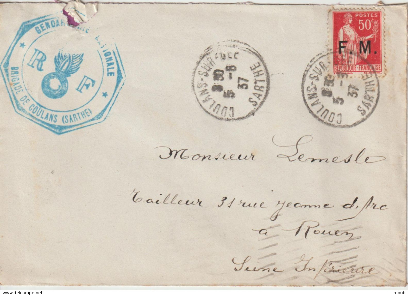 Lettre En Franchise FM 7 Gendarmerie Oblitération 1937 Coulans (72) - Military Postage Stamps