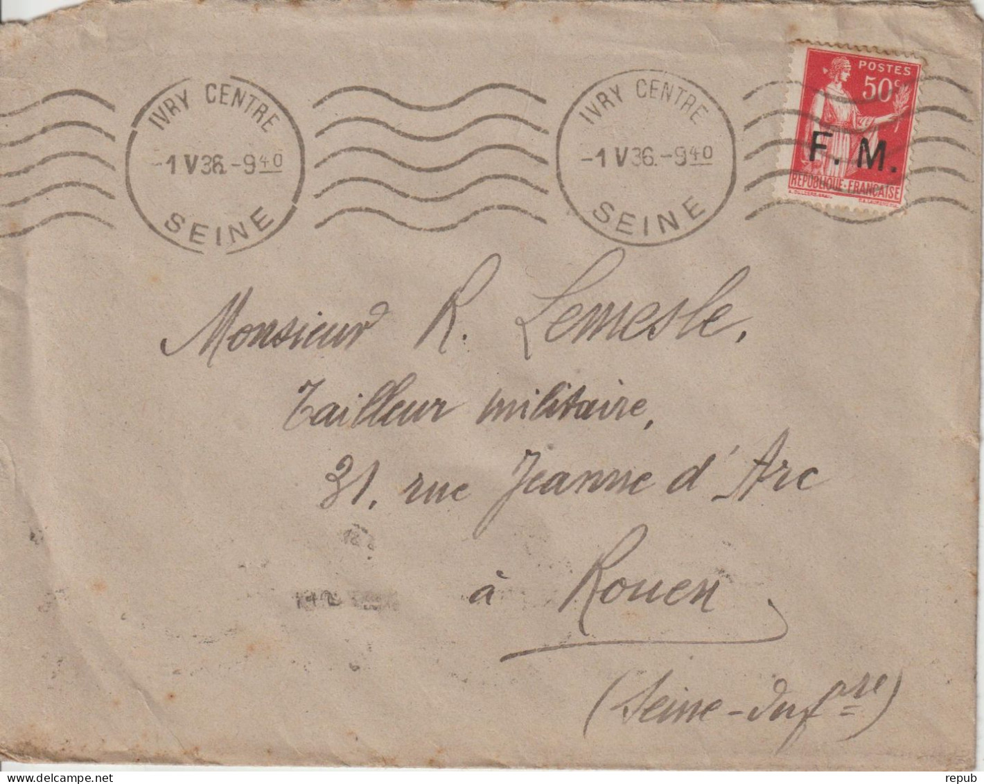 Lettre En Franchise FM 7 Oblitération 1936 Ivry Avec Illustration Au Verso - Military Postage Stamps