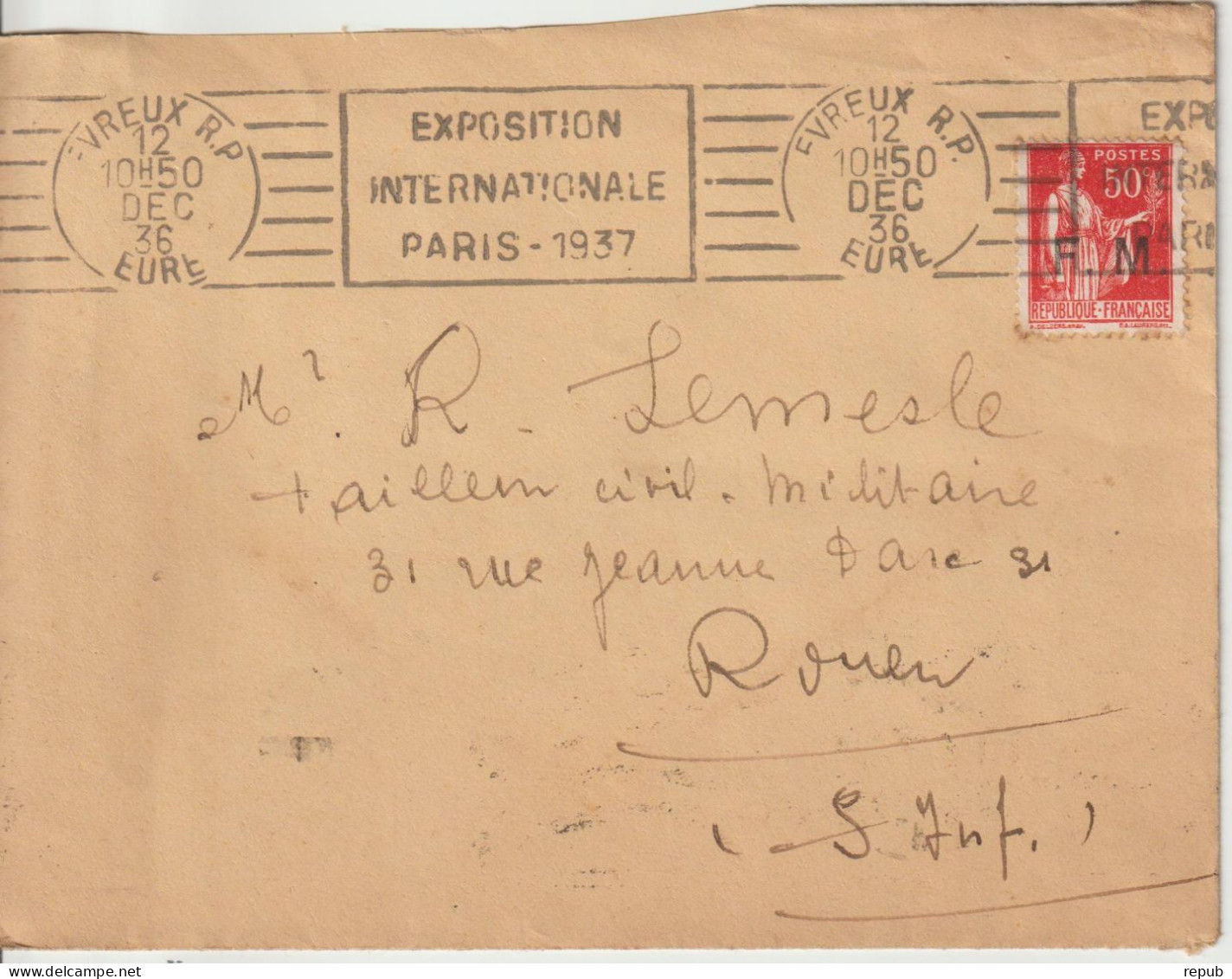 Lettre En Franchise FM 7 Oblitération 1936 Evreux - Timbres De Franchise Militaire