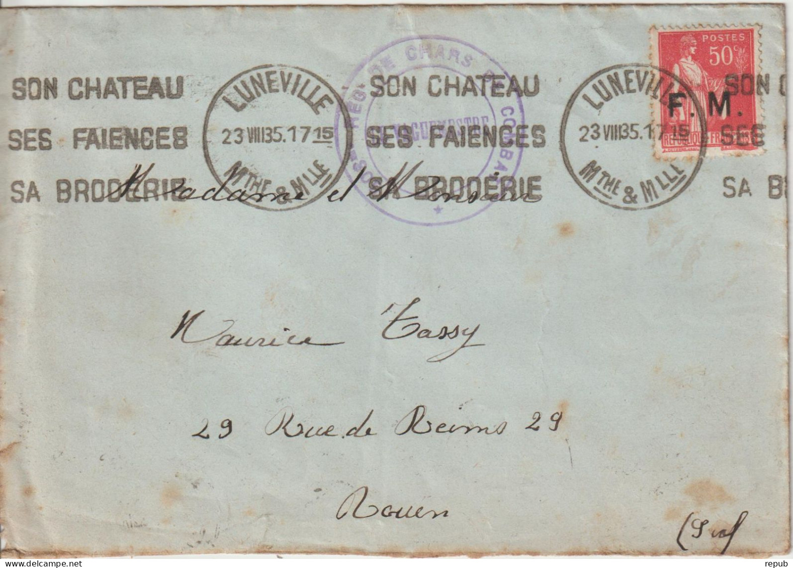 Lettre En Franchise FM 7 Oblitération 1935 Lunéville Reg De Chars - Military Postage Stamps