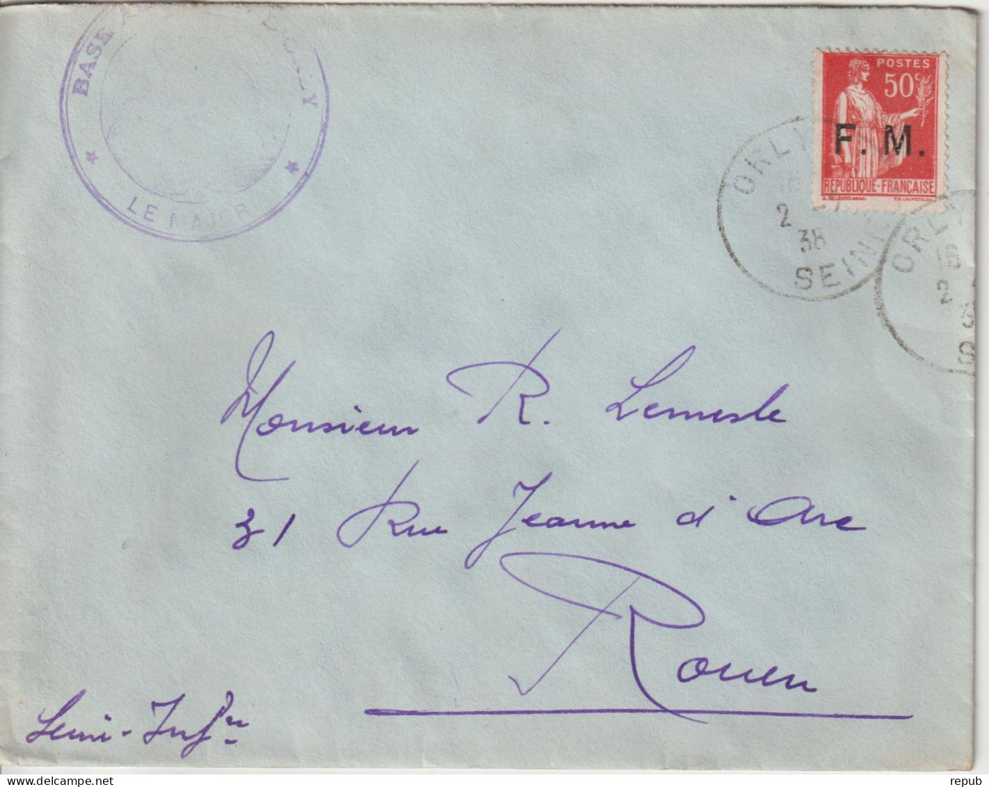 Lettre En Franchise FM 7 Oblitération 1938 Orly Avec Cachet De La Base - Militärische Franchisemarken