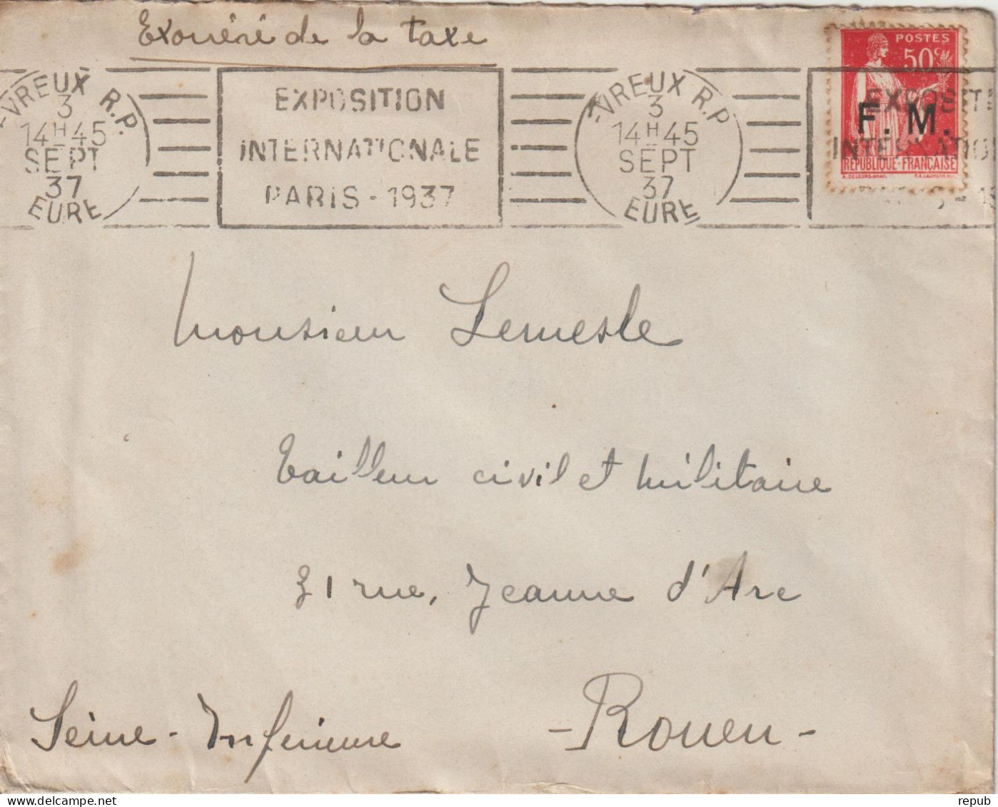 Lettre En Franchise FM 7 Oblitération 1937 Evreux - Francobolli  Di Franchigia Militare